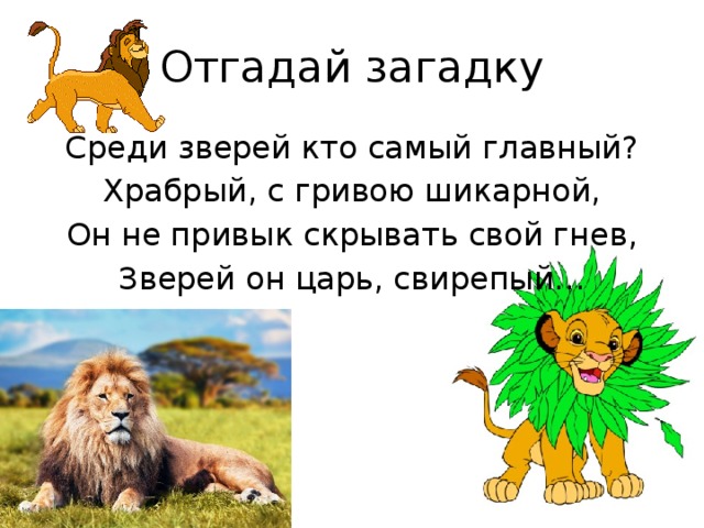 Отгадай загадку Среди зверей кто самый главный? Храбрый, с гривою шикарной, Он не привык скрывать свой гнев, Зверей он царь, свирепый… 