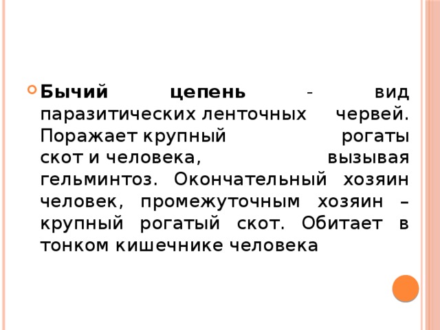 Бычий цепень - вид паразитических ленточных червей. Поражает крупный рогаты скот и человека, вызывая гельминтоз. Окончательный хозяин человек, промежуточным хозяин – крупный рогатый скот. Обитает в тонком кишечнике человека 