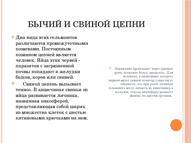 Бычий и свиной цепни Два вида этих гельминтов различаются промежуточными хозяевами. Постоянным хозяином цепней является человек. Яйца этих червей - паразитов с загрязненной почвы попадают в желудки быков, коров или свиней.  Свиной цепень вызывает тениоз. В кишечнике свиньи из яйца развивается личинка, названная онкосферой, представляющая собой шарик из множества клеток с шестью хитиновыми крючками на нем. Заражение происходит через грязные руки, несвежее белье, продукты. Для человека, в кишечнике которого паразитирует свиной солитер, существует опасность, что при рвоте личинки гельминта могут попасть из кишечника в желудок, откуда онкосферы разнесут финны по другим органам. 