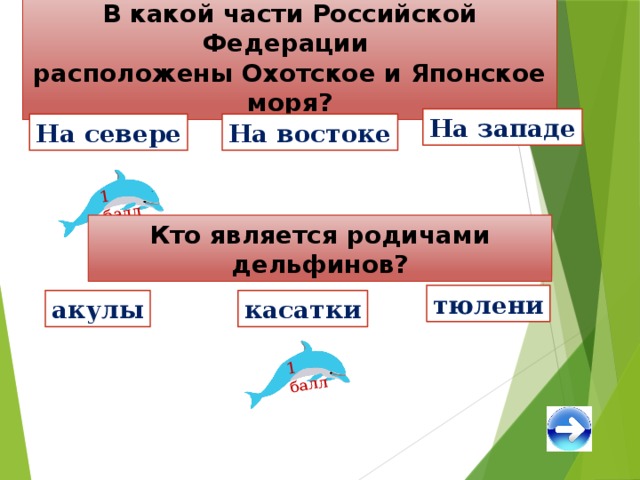 В какой части Российской Федерации расположены Охотское и Японское моря? 1 балл 1 балл На западе На севере На востоке Кто является родичами дельфинов? тюлени касатки акулы 