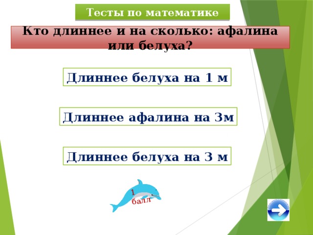 1 балл Тесты по математике Кто длиннее и на сколько: афалина или белуха? Длиннее белуха на 1 м Длиннее афалина на 3м Длиннее белуха на 3 м 