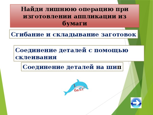 1 балл Найди лишнюю операцию при изготовлении аппликации из бумаги Сгибание и складывание заготовок Соединение деталей с помощью склеивания Соединение деталей на ши п 
