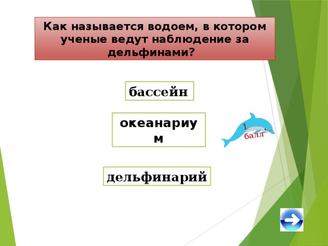 1 балл Как называется водоем, в котором  ученые ведут наблюдение за дельфинами? бассейн  океанариум дельфинарий 