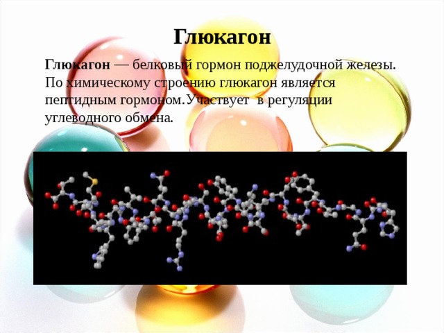 Глюкагон   Глюкагон  — белковый гормон поджелудочной железы.  По химическому строению глюкагон является пептидным гормоном.Участвует в регуляции углеводного обмена. 