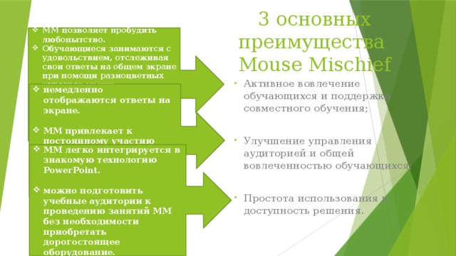 3 основных преимущества  Mouse Mischief MM позволяет пробудить любопытство. Обучающиеся занимаются с удовольствием, отслеживая свои ответы на общем экране при помощи разноцветных курсоров мыши. Работа в «командном режиме» способствует совместной работе – для выполнения задания все участники команды должны работать совместно. Активное вовлечение обучающихся и поддержка совместного обучения; Улучшение управления аудиторией и общей вовлеченностью обучающихся; Простота использования и доступность решения. немедленно отображаются ответы на экране.  MM привлекает к постоянному участию всех обучающихся.  можно быстро оценить уровень усвоение материала. MM легко интегрируется в знакомую технологию PowerPoint.  можно подготовить учебные аудитории к проведению занятий MM без необходимости приобретать дорогостоящее оборудование. 
