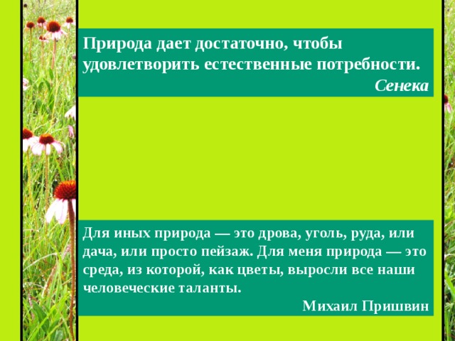 Природа дает достаточно, чтобы удовлетворить естественные потребности. Сенека Для иных природа — это дрова, уголь, руда, или дача, или просто пейзаж. Для меня природа — это среда, из которой, как цветы, выросли все наши человеческие таланты. Михаил Пришвин 