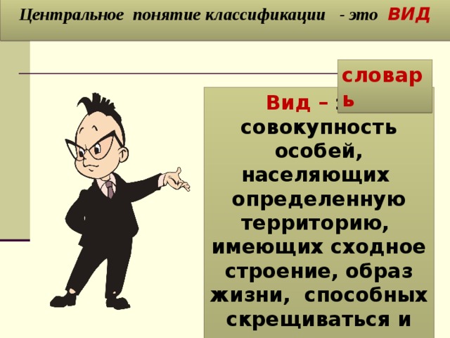 Центральное понятие классификации - это ВИД словарь Вид – это совокупность особей, населяющих определенную территорию, имеющих сходное строение, образ жизни, способных скрещиваться и давать плодовитое потомство. Состоит из популяций. 