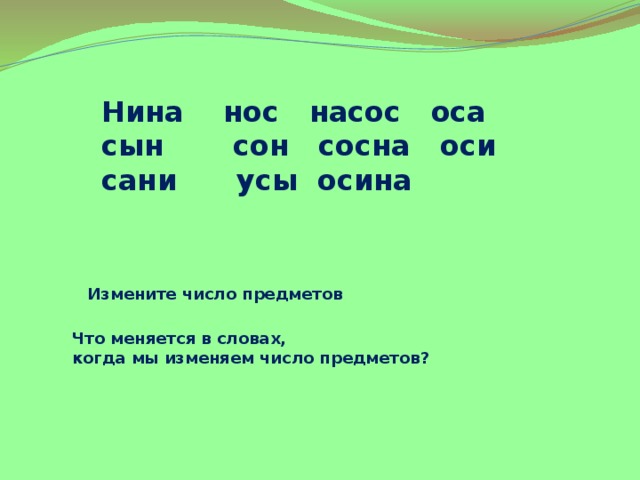 Нина нос насос оса сын сон сосна оси сани усы осина   Измените число предметов Что меняется в словах, когда мы изменяем число предметов? 