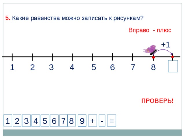 5. Какие равенства можно записать к рисункам? Вправо - плюс +1 4 3 2 5 1 7 6 8 ПРОВЕРЬ! 1 8 + 6 2 - = 5 7 4 9 9 3 