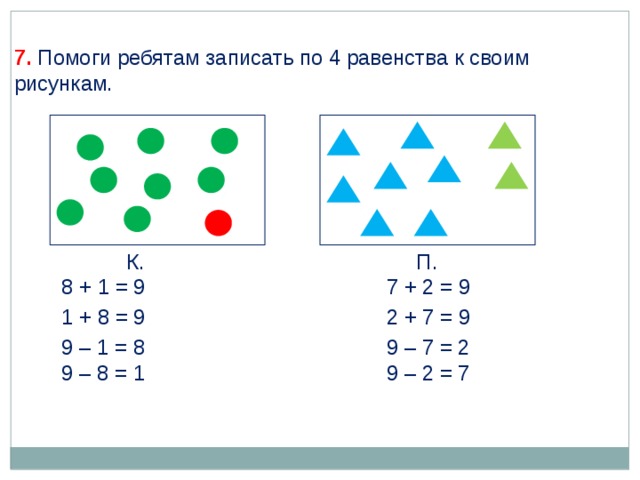 7. Помоги ребятам записать по 4 равенства к своим рисункам. К. П. 7 + 2 = 9 8 + 1 = 9 1 + 8 = 9 2 + 7 = 9 9 – 1 = 8 9 – 7 = 2 9 – 8 = 1 9 – 2 = 7 