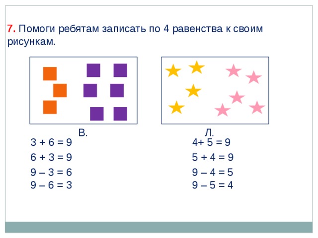 7. Помоги ребятам записать по 4 равенства к своим рисункам. В. Л. 3 + 6 = 9 4+ 5 = 9 6 + 3 = 9 5 + 4 = 9 9 – 3 = 6 9 – 4 = 5 9 – 6 = 3 9 – 5 = 4 