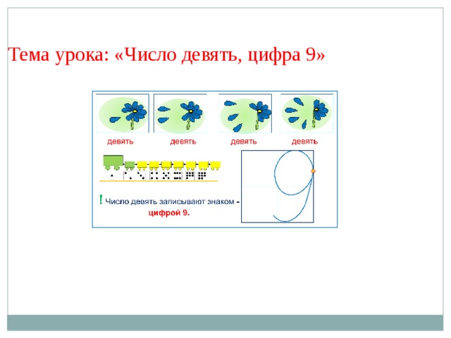 Тема урока: «Число девять, цифра 9» 