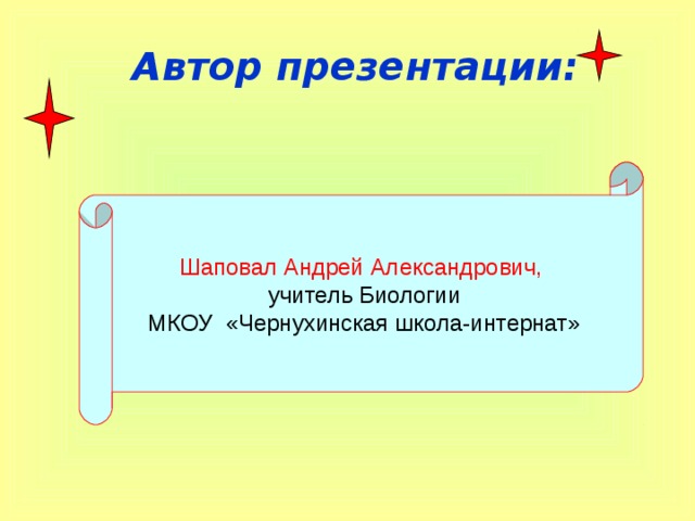 Автор презентации: Шаповал Андрей Александрович,  учитель Биологии  МКОУ «Чернухинская школа-интернат» 