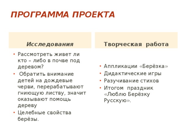 Программа проекта   Исследования Творческая работа Рассмотреть живет ли кто – либо в почве под деревом?  Обратить внимание детей на дождевые черви, перерабатывают гниющую листву, значит оказывают помощь дереву Целебные свойства берёзы. Аппликации «Берёзка» Дидактические игры Разучивание стихов Итогом праздник «Люблю Берёзку Русскую». 