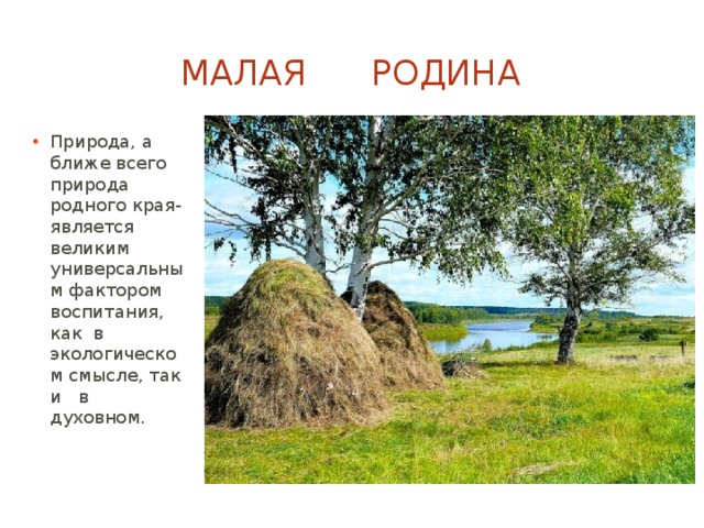 Малая родина Природа, а ближе всего природа родного края- является великим универсальным фактором воспитания, как в экологическом смысле, так и в духовном. 
