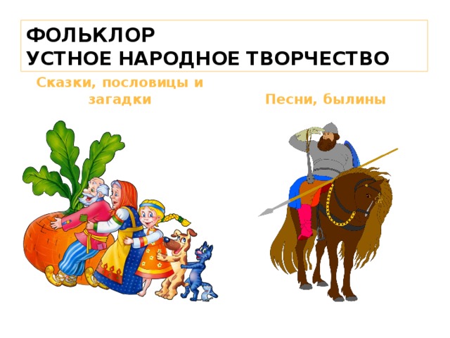 фольклор  Устное народное творчество Сказки, пословицы и загадки Песни, былины 