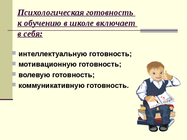 Психологическая готовность  к обучению в школе включает  в себя: интеллектуальную готовность; мотивационную готовность; волевую готовность; коммуникативную готовность. 