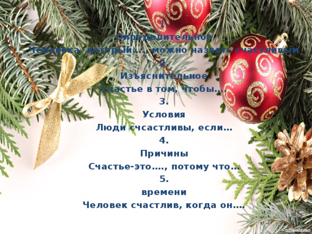 1. Определительное Человека, который…., можно назвать счастливым 2. Изъяснительное Счастье в том, чтобы…. 3. Условия Люди счсастливы, если… 4. Причины Счастье-это…., потому что… 5. времени Человек счастлив, когда он…. 