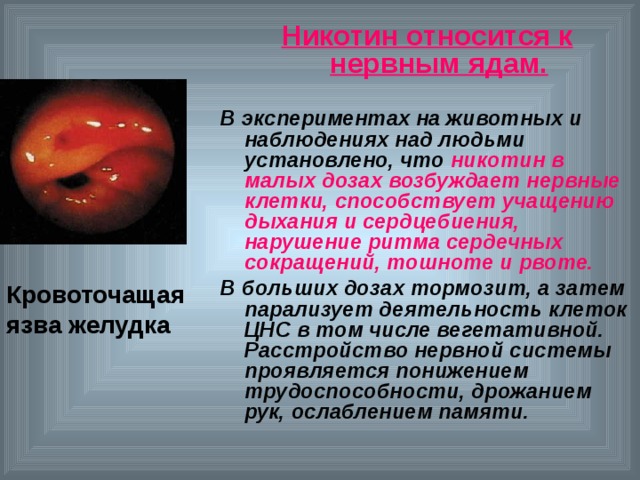 Никотин относится к нервным ядам.  В экспериментах на животных и наблюдениях над людьми установлено, что никотин в малых дозах возбуждает нервные клетки, способствует учащению дыхания и сердцебиения, нарушение ритма сердечных сокращений, тошноте и рвоте. В больших дозах тормозит, а затем парализует деятельность клеток ЦНС в том числе вегетативной. Расстройство нервной системы проявляется понижением трудоспособности, дрожанием рук, ослаблением памяти. Кровоточащая язва желудка 