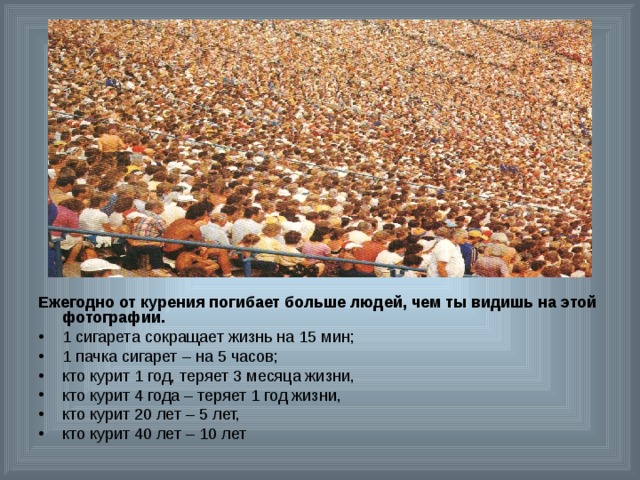 Ежегодно от курения погибает больше людей, чем ты видишь на этой фотографии. 1 сигарета сокращает жизнь на 15 мин; 1 пачка сигарет – на 5 часов; кто курит 1 год, теряет 3 месяца жизни, кто курит 4 года – теряет 1 год жизни, кто курит 20 лет – 5 лет, кто курит 40 лет – 10 лет 