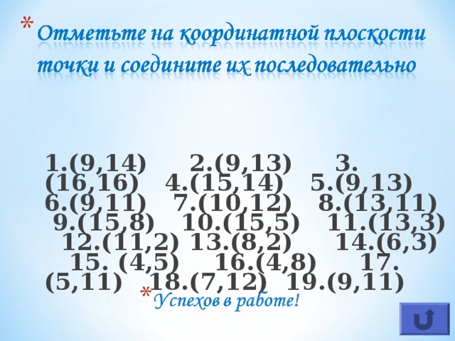 1.(9,14)  2.(9,13)  3.(16,16)  4.(15,14)  5.(9,13)  6.(9,11)  7.(10,12)  8.(13,11)  9.(15,8)  10.(15,5)  11.(13,3)  12.(11,2) 13.(8,2)  14.(6,3)  15. (4,5)  16.(4,8)  17.(5,11)  18.(7,12)  19.(9,11)  