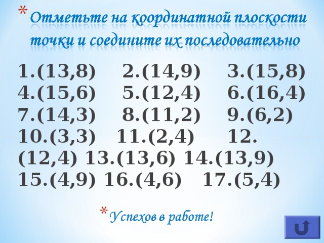 1.(13,8)  2.(14,9)  3.(15,8) 4.(15,6)  5.(12,4)  6.(16,4) 7.(14,3)  8.(11,2)  9.(6,2) 10.(3,3)  11.(2,4)  12.(12,4) 13.(13,6) 14.(13,9)  15.(4,9) 16.(4,6)  17.(5,4)  