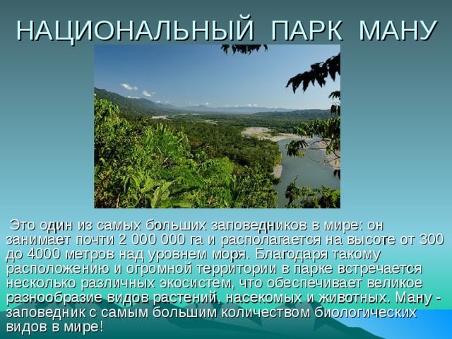 НАЦИОНАЛЬНЫЙ ПАРК МАНУ  Это один из самых больших заповедников в мире: он занимает почти 2 000 000 га и располагается на высоте от 300 до 4000 метров над уровнем моря. Благодаря такому расположению и огромной территории в парке встречается несколько различных экосистем, что обеспечивает великое разнообразие видов растений, насекомых и животных. Ману - заповедник с самым большим количеством биологических видов в мире!   