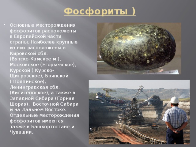 Фосфориты )   Основные месторождения фосфоритов расположены в Европейской части страны. Наиболее крупные из них расположены в Кировской обл.  (Вятско-Камское м.), Московское (Егорьевское), Курской ( Курско-Щигровское), Брянской ( Полпинское), Ленинградская обл. (Кигисеппское), а также в Западной Сибири (Горная Шория), Восточной Сибири и на Дальнем Востоке.  Отдельные месторождения фосфоритов имеются также в Башкортостане и Чувашии. 