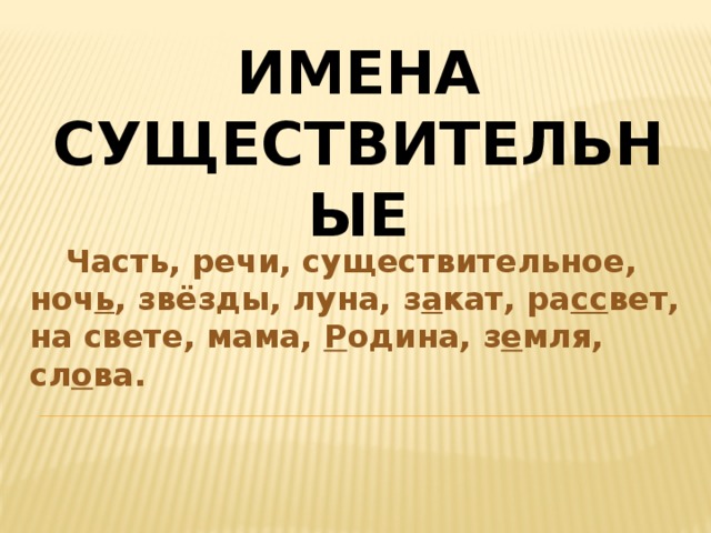 Имена существительные  Часть, речи, существительное, ноч ь , звёзды, луна, з а кат, ра сс вет, на свете, мама, Р одина, з е мля, сл о ва. 