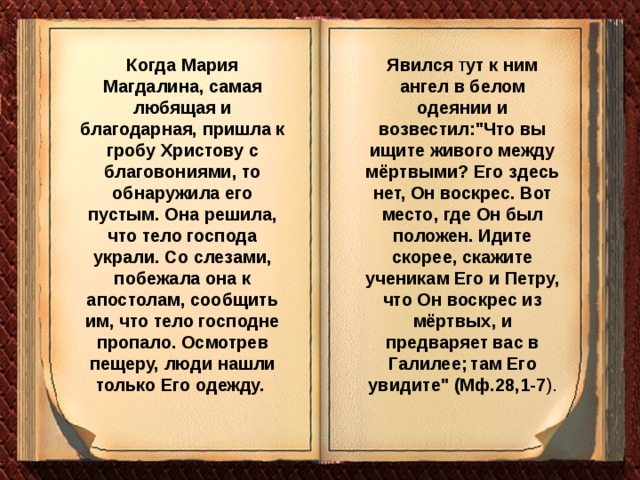 Явился т ут к ним ангел в белом одеянии и возвестил: