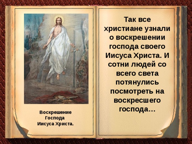 Так все христиане узнали о воскрешении господа своего Иисуса Христа. И сотни людей со всего света потянулись посмотреть на воскресшего господа… Воскрешение Господа Иисуса Христа. 