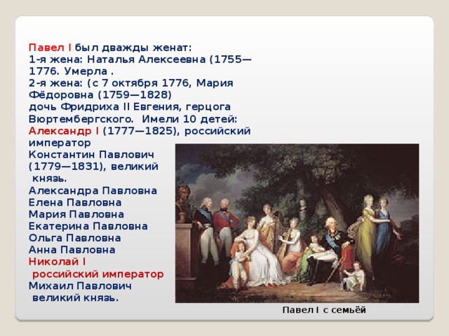 Павел I был дважды женат: 1-я жена: Наталья Алексеевна (1755—1776. Умерла . 2-я жена: (с 7 октября 1776, Мария Фёдоровна (1759—1828) дочь Фридриха II Евгения, герцога Вюртембергского. Имели 10 детей: Александр I (1777—1825), российский император Константин Павлович (1779—1831), великий  князь. Александра Павловна Елена Павловна Мария Павловна Екатерина Павловна Ольга Павловна Анна Павловна Николай I  российский император Михаил Павлович  великий князь. Павел I с семьёй 