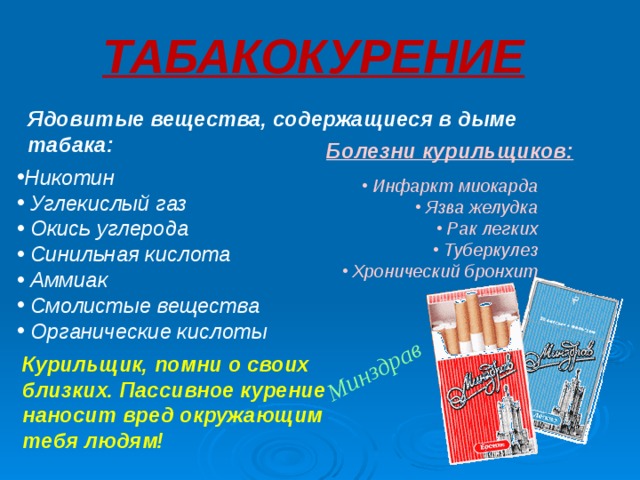  Минздрав ТАБАКОКУРЕНИЕ Ядовитые вещества, содержащиеся в дыме табака: Болезни курильщиков: Никотин  Углекислый газ  Окись углерода  Синильная кислота  Аммиак  Смолистые вещества  Органические кислоты  Инфаркт миокарда  Язва желудка  Рак легких  Туберкулез  Хронический бронхит Курильщик, помни о своих близких. Пассивное курение наносит вред окружающим тебя людям! 