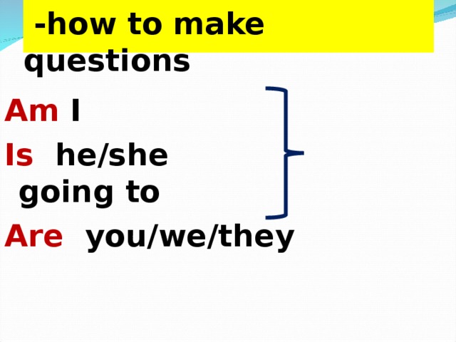  -how to make questions Am I Is he/she going to Are you/we/they 