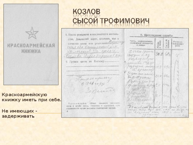 Красноармейскую книжку иметь при себе. Не имеющих - задерживать 
