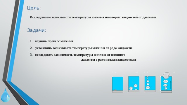 Цель: Исследование зависимости температуры кипения некоторых жидкостей от давления изучить процесс кипения установить зависимость температуры кипения от рода жидкости исследовать зависимость температуры кипения от внешнего давления с различными жидкостями. Задачи: 