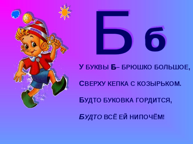 У БУКВЫ Б – БРЮШКО БОЛЬШОЕ,  С ВЕРХУ КЕПКА С КОЗЫРЬКОМ.  Б УДТО БУКОВКА ГОРДИТСЯ,  Б УДТО ВСЁ ЕЙ НИПОЧЁМ! 