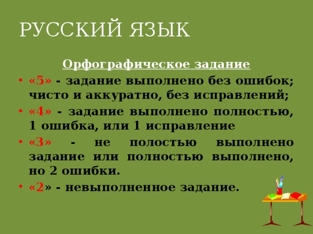 РУССКИЙ ЯЗЫК Орфографическое задание «5» - задание выполнено без ошибок; чисто и аккуратно, без исправлений; «4» - задание выполнено полностью, 1 ошибка, или 1 исправление «3» - не полостью выполнено задание или полностью выполнено, но 2 ошибки. «2 » - невыполненное задание. 