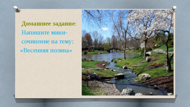  Домашнее задание :  Напишите мини-  сочинение на тему: «Весенняя поляна» 