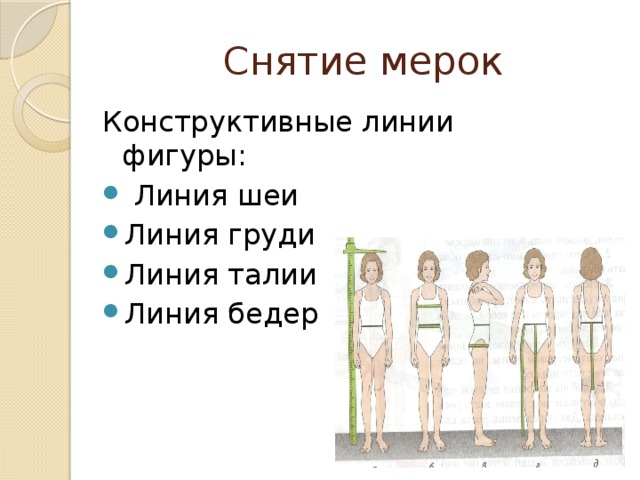 Снятие мерок Конструктивные линии фигуры:  Линия шеи Линия груди Линия талии Линия бедер 