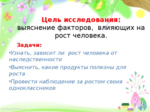 Цель исследования:  выяснение факторов, влияющих на рост человека.    Задачи: Узнать, зависит ли рост человека от наследственности Выяснить, какие продукты полезны для роста Провести наблюдение за ростом своих одноклассников  