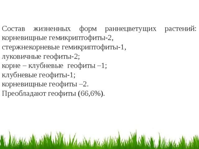 Состав жизненных форм раннецветущих растений: корневищные гемикриптофиты-2, стержнекорневые гемикриптофиты-1, луковичные геофиты-2; корне – клубневые геофиты –1; клубневые геофиты-1; корневищные геофиты –2. Преобладают геофиты (66,6%). 