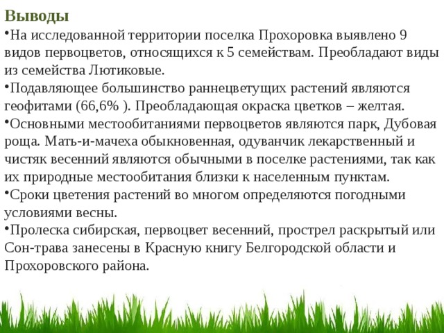 Выводы На исследованной территории поселка Прохоровка выявлено 9 видов первоцветов, относящихся к 5 семействам. Преобладают виды из семейства Лютиковые. Подавляющее большинство раннецветущих растений являются геофитами (66,6% ). Преобладающая окраска цветков – желтая. Основными местообитаниями первоцветов являются парк, Дубовая роща. Мать-и-мачеха обыкновенная, одуванчик лекарственный и чистяк весенний являются обычными в поселке растениями, так как их природные местообитания близки к населенным пунктам. Сроки цветения растений во многом определяются погодными условиями весны. Пролеска сибирская, первоцвет весенний, прострел раскрытый или Сон-трава занесены в Красную книгу Белгородской области и Прохоровского района. 