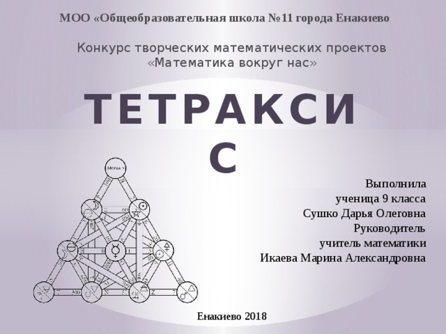 МОО «Общеобразовательная школа №11 города Енакиево Конкурс творческих математических проектов «Математика вокруг нас» ТЕТРАКСИС Выполнила ученица 9 класса Сушко Дарья Олеговна Руководитель учитель математики Икаева Марина Александровна Енакиево 2018