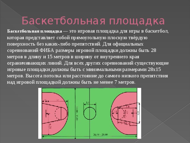 Баскетбольная площадка  Баскетбольная площадка  — это игровая площадка для игры в баскетбол, которая представляет собой прямоугольную плоскую твёрдую поверхность без каких-либо препятствий. Для официальных соревнований ФИБА размеры игровой площадки должны быть 28 метров в длину и 15 метров в ширину от внутреннего края ограничивающих линий. Для всех других соревнований существующие игровые площадки должны быть с минимальными размерами 28х15 метров. Высота потолка или расстояние до самого низкого препятствия над игровой площадкой должны быть не менее 7 метров. 