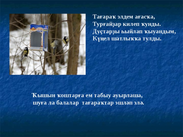 Тағараҡ элдем ағасҡа, Турғайҙар килеп ҡунды. Дуҫтарҙы һыйлап ҡыуандым, Күңел шатлыҡҡа тулды. Ҡышын ҡоштарға ем табыу ауырлаша,  шуға ла балалар тағараҡтар эшләп элә. 