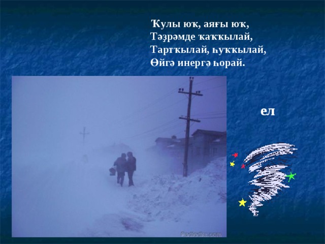 Ҡулы юҡ, аяғы юҡ, Тәҙрәмде ҡаҡҡылай, Тартҡылай, һуҡҡылай, Өйгә инергә һорай. ел 
