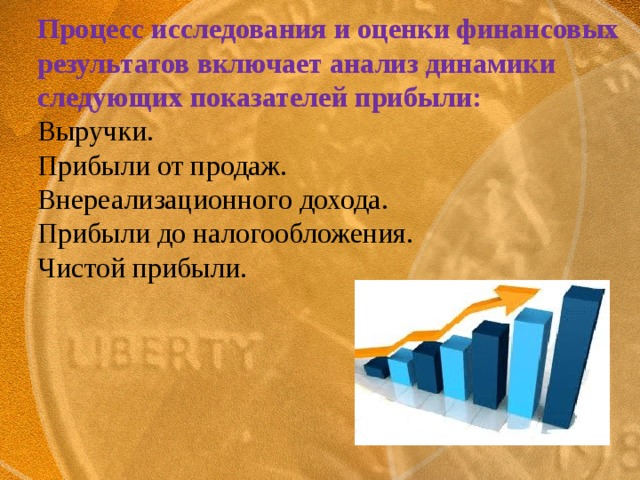 Процесс исследования и оценки финансовых результатов включает анализ динамики следующих показателей прибыли:  Выручки.  Прибыли от продаж.  Внереализационного дохода.  Прибыли до налогообложения.  Чистой прибыли.    