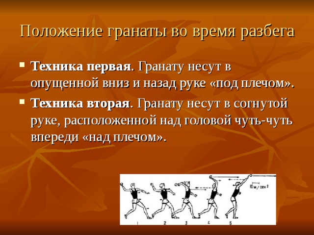 Положение гранаты во время разбега  Техника первая . Гранату несут в опущенной вниз и назад руке «под плечом». Техника вторая . Гранату несут в согнутой руке, расположенной над головой чуть-чуть впереди «над плечом». 