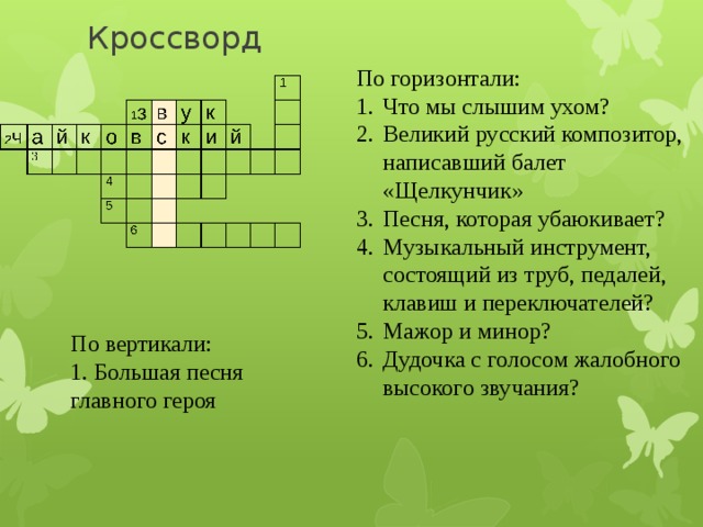 Кроссворд По горизонтали: Что мы слышим ухом? Великий русский композитор, написавший балет «Щелкунчик» Песня, которая убаюкивает? Музыкальный инструмент, состоящий из труб, педалей, клавиш и переключателей? Мажор и минор? Дудочка с голосом жалобного высокого звучания? По вертикали: 1. Большая песня главного героя 